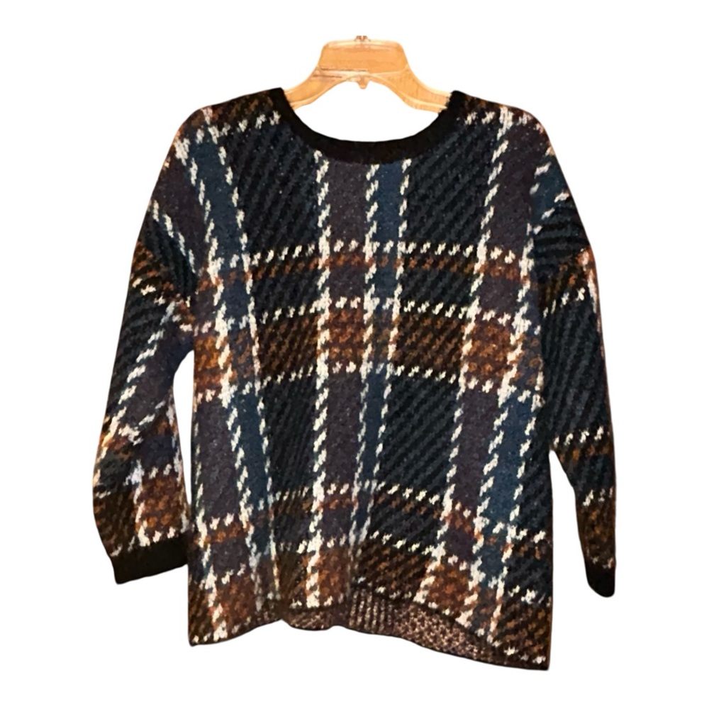 Ann Taylor Factory Plaid Wool Blend Sweater Medium Brown Navy Crewneck‎